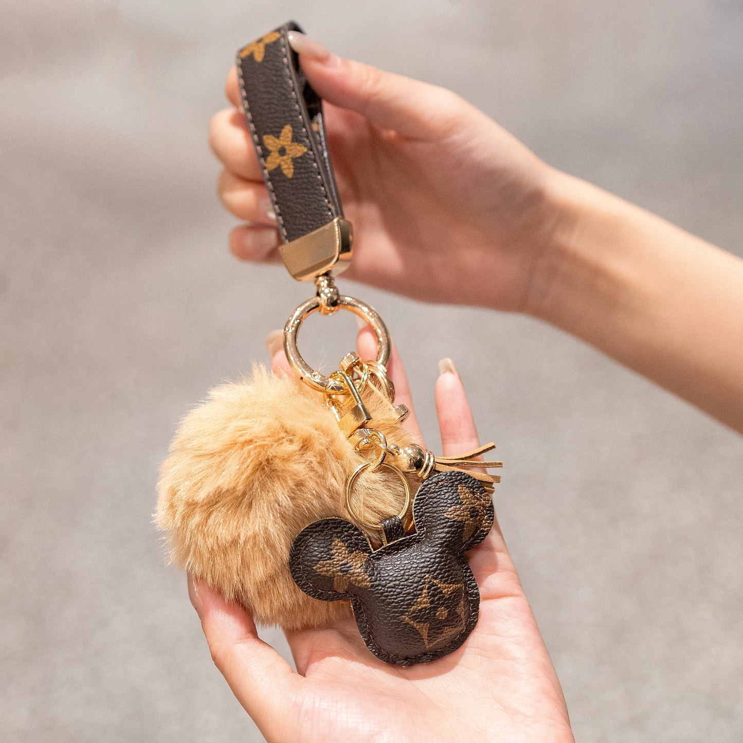 Luxury Mickey Keychain – Faux Leather & Fur Pom Charm