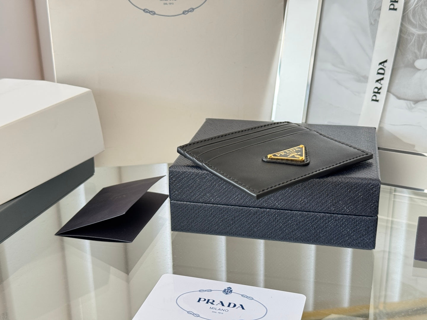 Pra Gold Logo-Plaque Card Holder Black Saffiano Leather