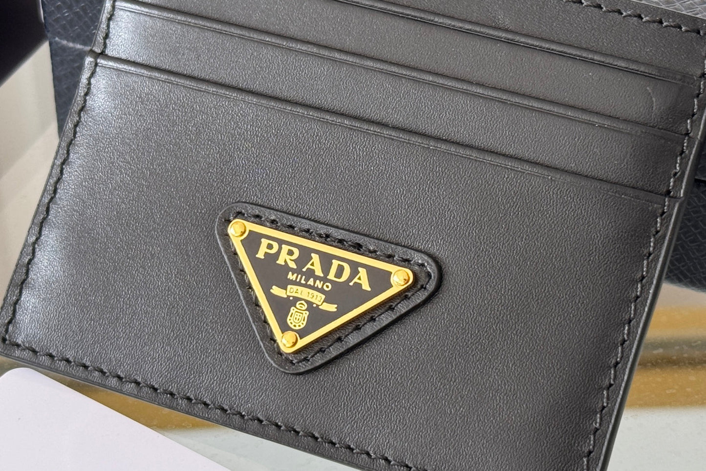 Pra Gold Logo-Plaque Card Holder Black Saffiano Leather