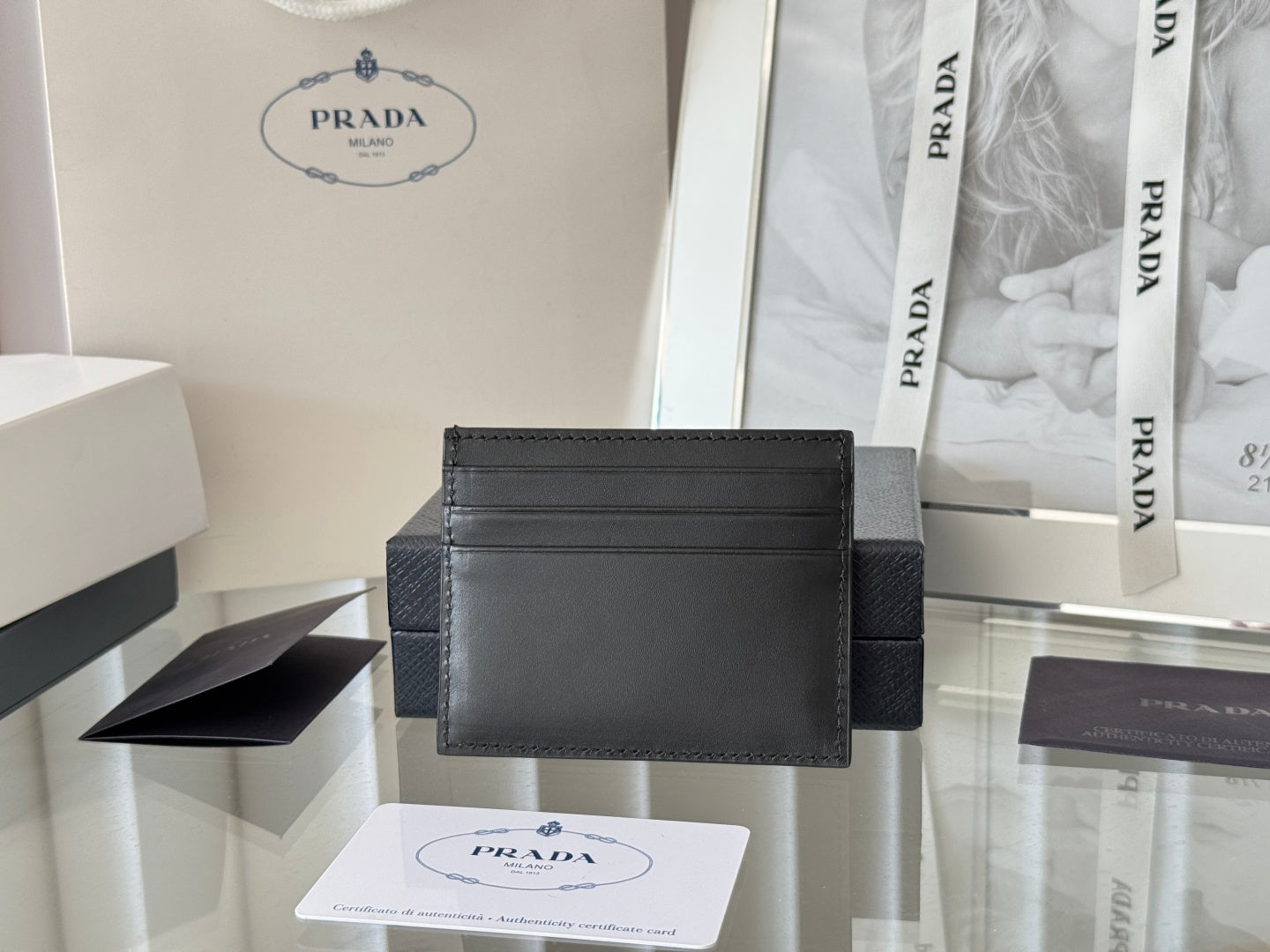 Pra Gold Logo-Plaque Card Holder Black Saffiano Leather