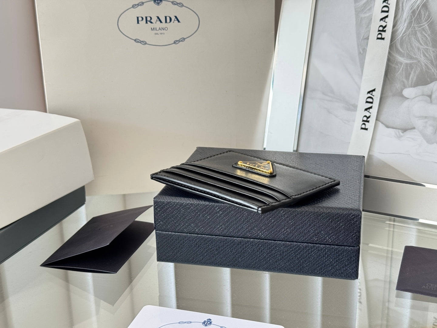 Pra Gold Logo-Plaque Card Holder Black Saffiano Leather