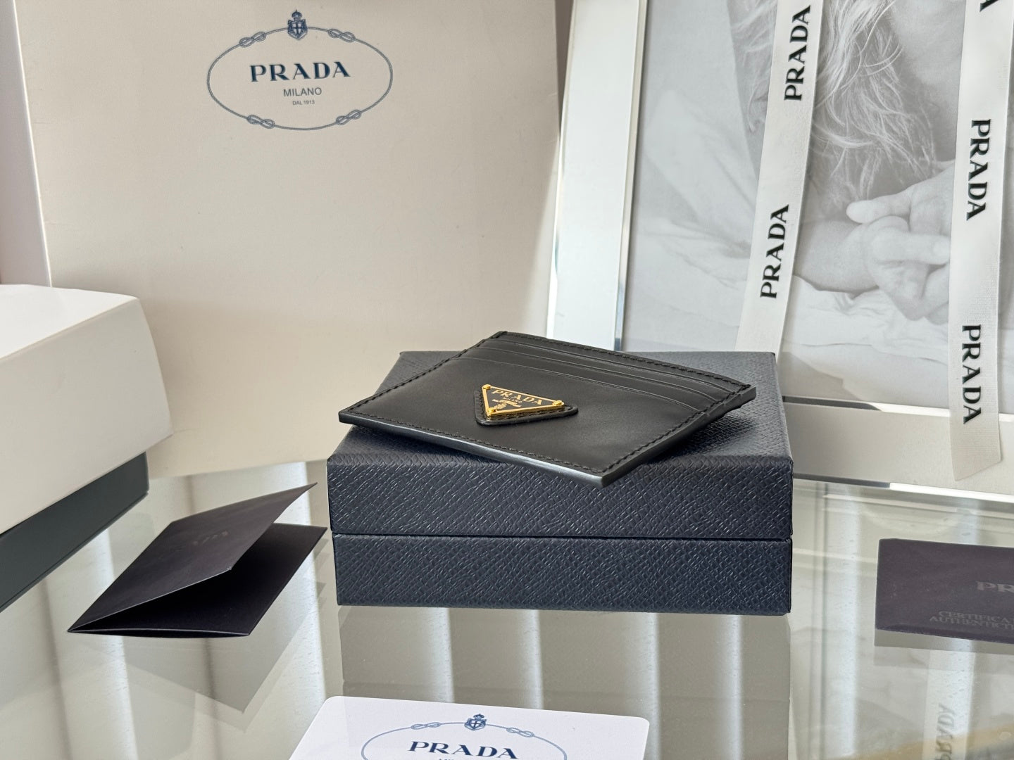 Pra Gold Logo-Plaque Card Holder Black Saffiano Leather