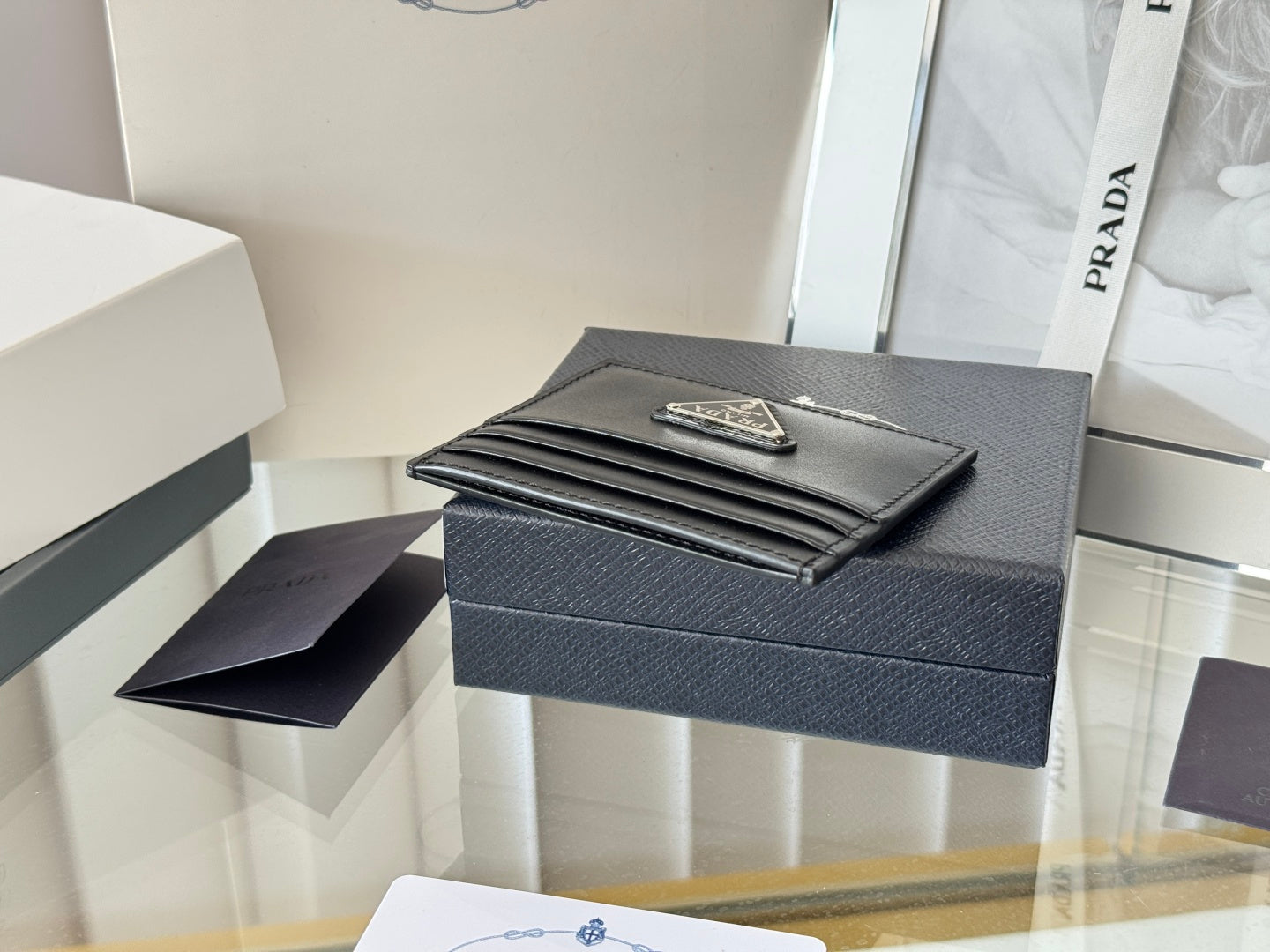 Pra Metal Logo-Plaque Card Holder Black Saffiano Leather