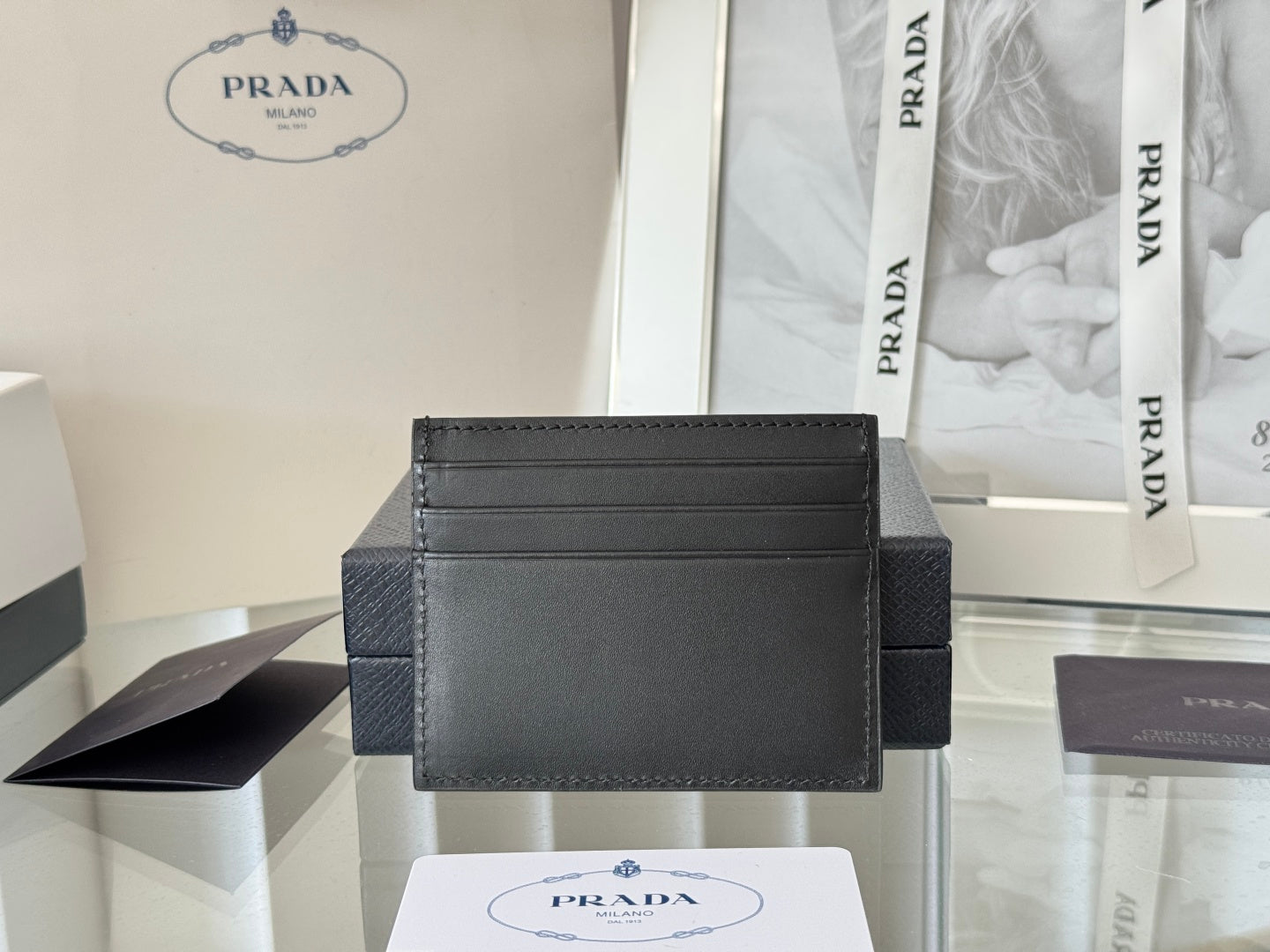 Pra Metal Logo-Stamp Card Holder Black Saffiano Leather