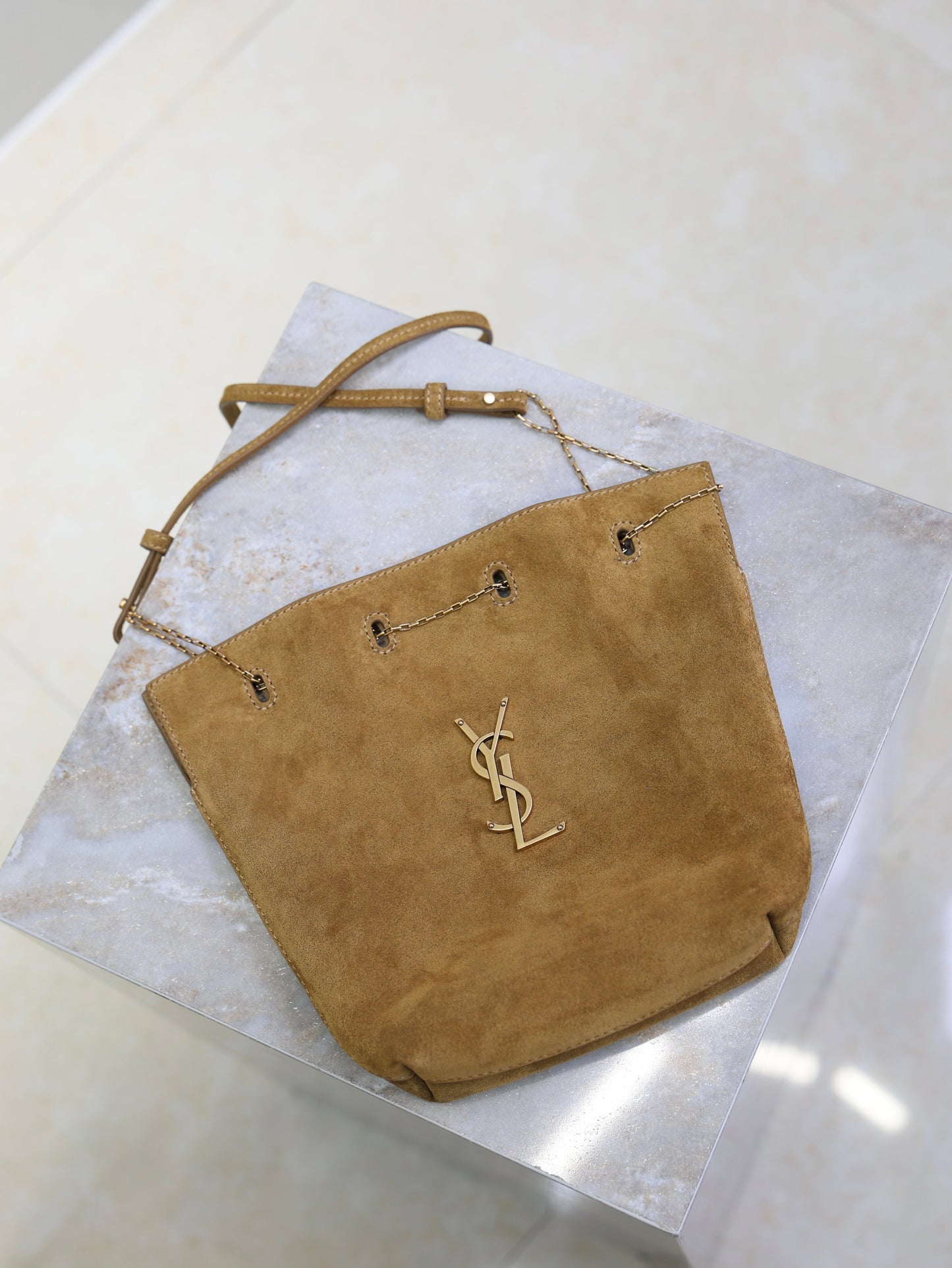 Prada Pochon Bucket Bag 20cm Brown Suede Bronze-Tone HW